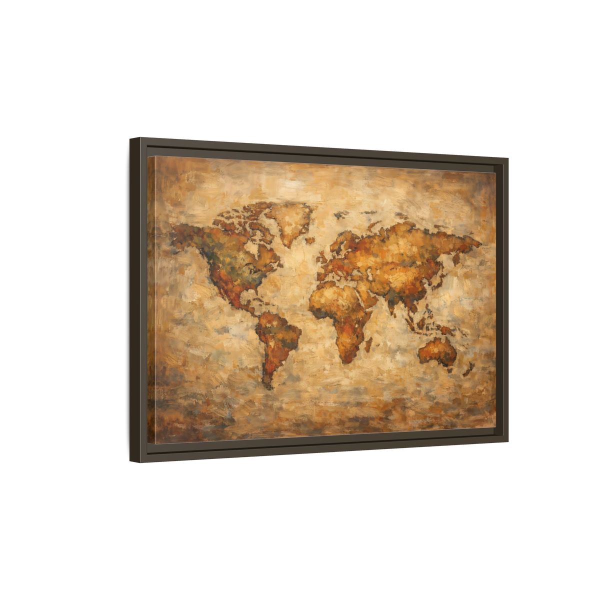 Side Mockup 2. Maps World Map Brown And Gold shown as stretched canvas wall art