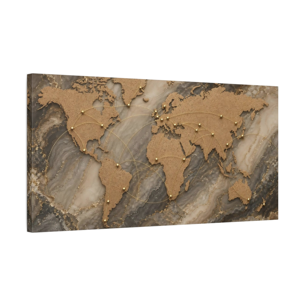 Side Mockup 1. Maps World Map Brown Gold Grey shown as stretched canvas wall art