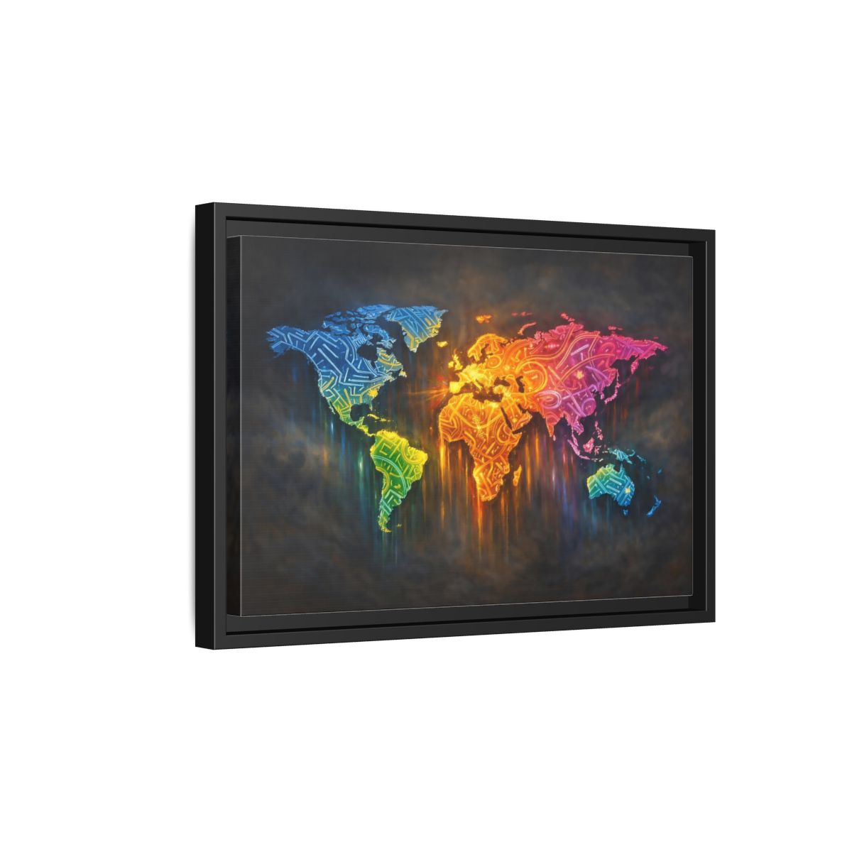 Side Mockup 6. Maps World Map Colorful World Map shown as stretched canvas wall art
