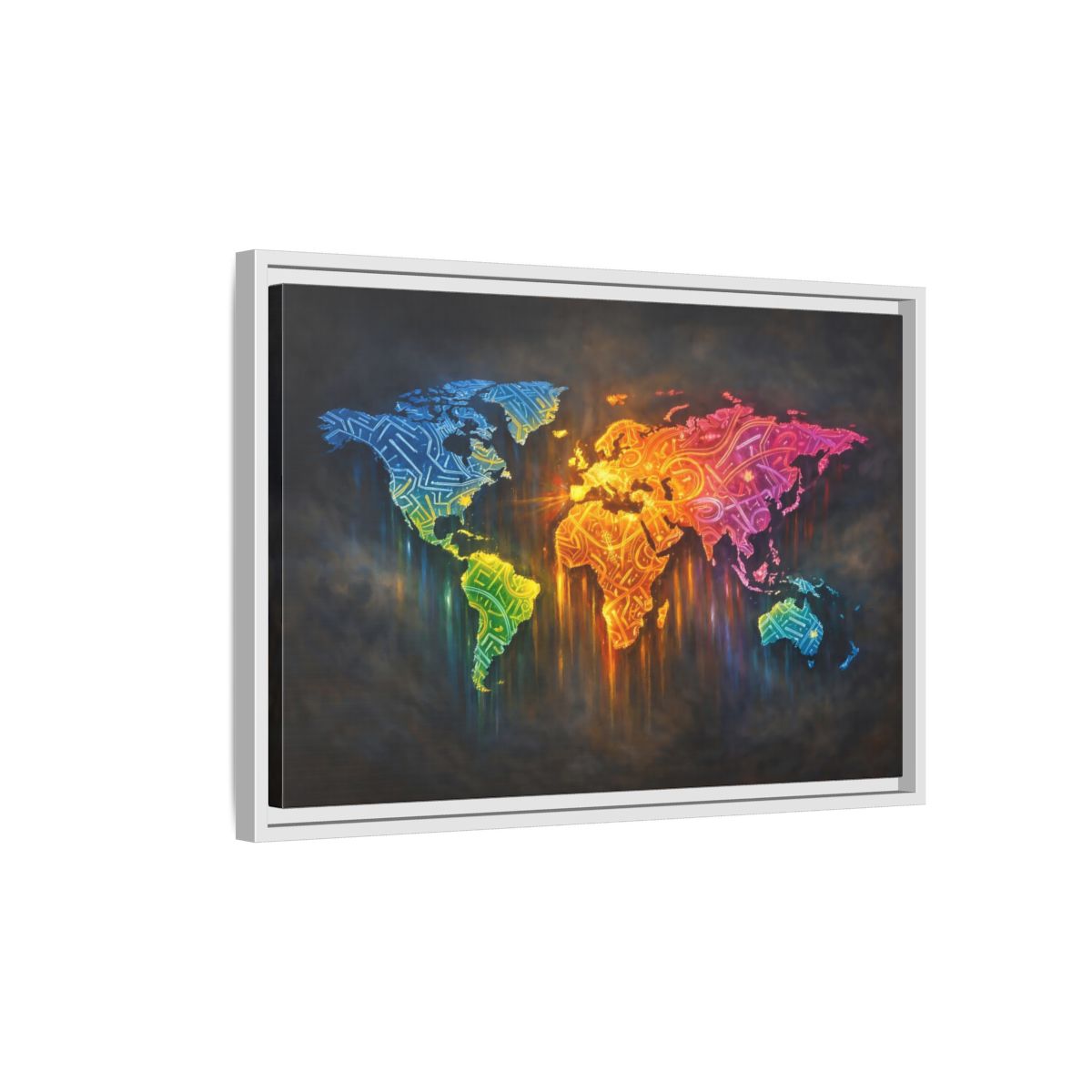 Side Mockup 1. Maps World Map Colorful World Map shown as stretched canvas wall art