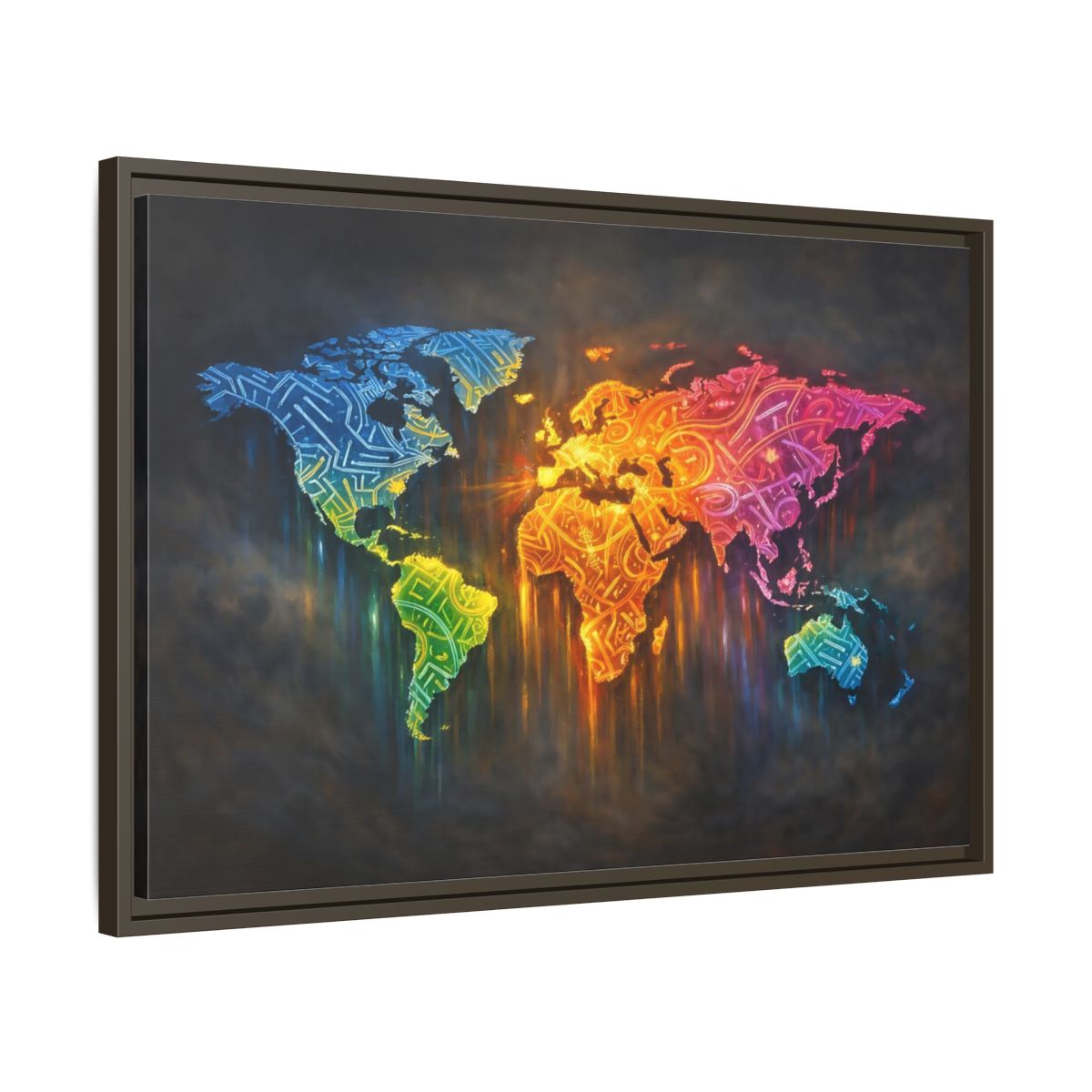 Side Mockup 11. Maps World Map Colorful World Map shown as stretched canvas wall art