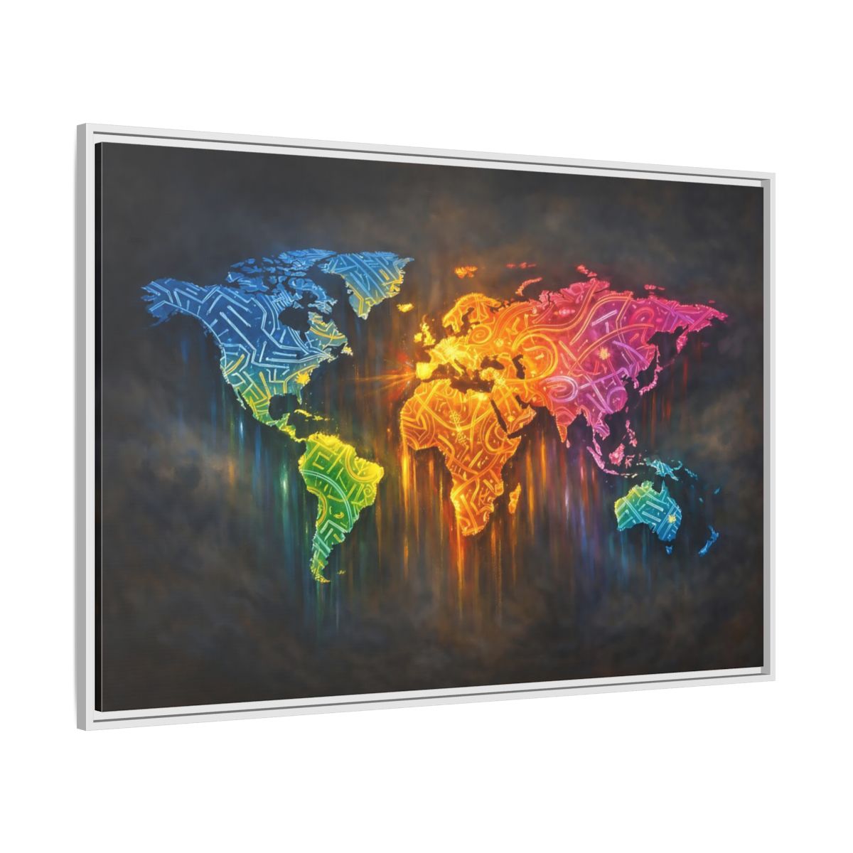 Side Mockup 7. Maps World Map Colorful World Map shown as stretched canvas wall art