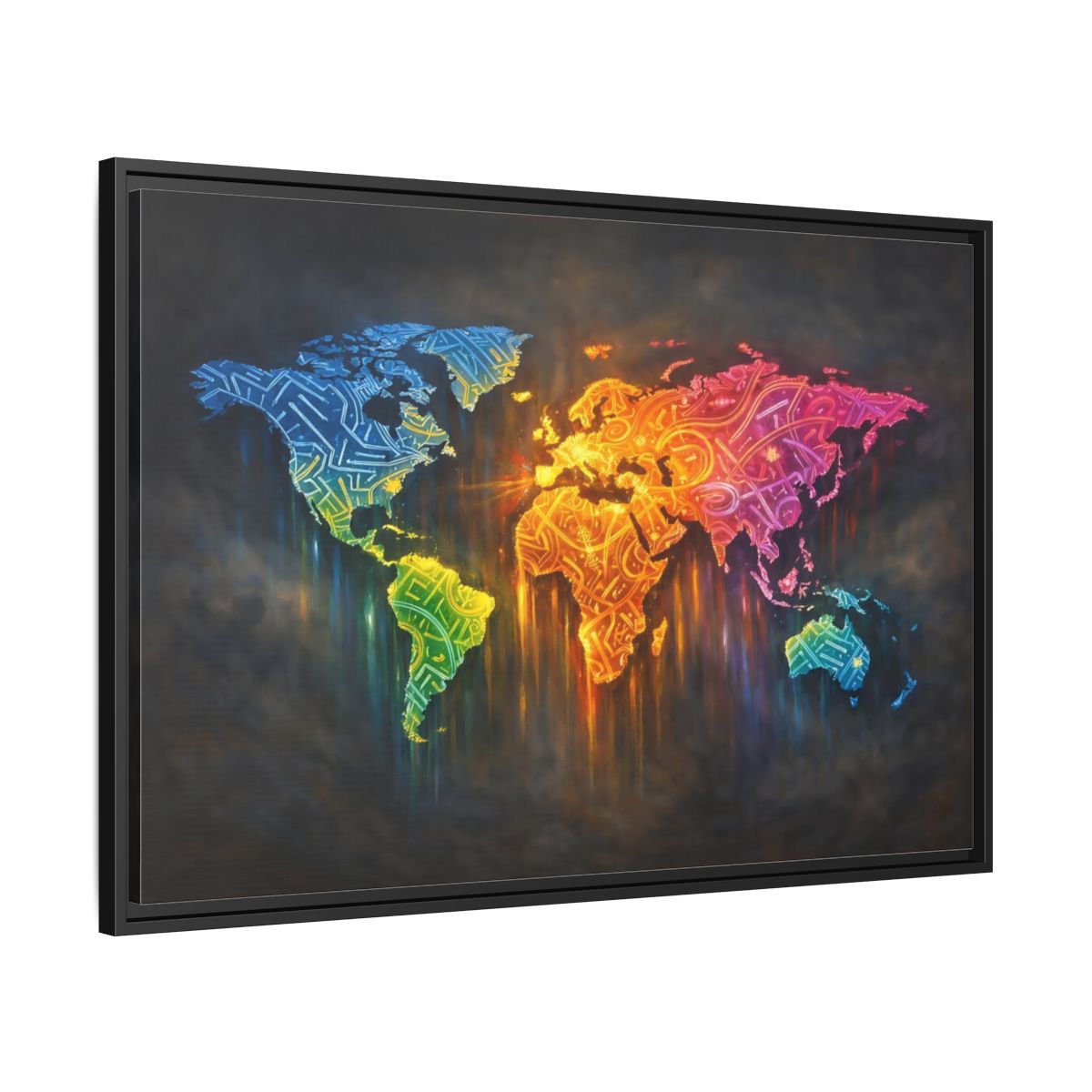 Side Mockup 13. Maps World Map Colorful World Map shown as stretched canvas wall art