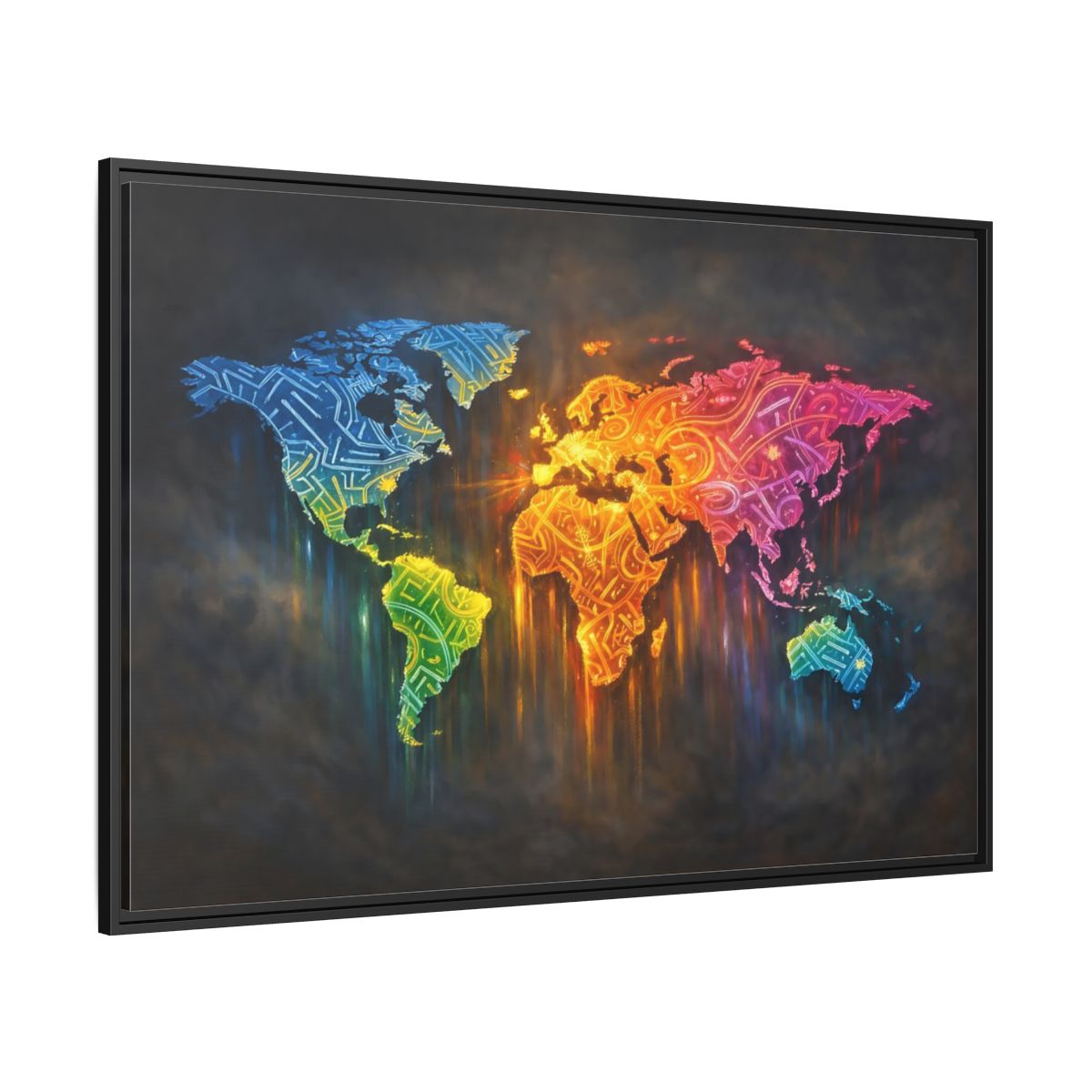 Side Mockup 12. Maps World Map Colorful World Map shown as stretched canvas wall art