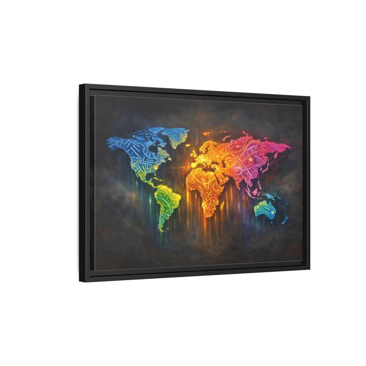 Side Mockup 3. Maps World Map Colorful World Map shown as stretched canvas wall art