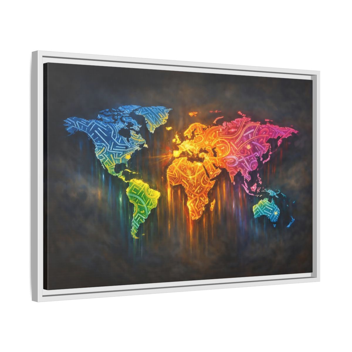 Side Mockup 10. Maps World Map Colorful World Map shown as stretched canvas wall art