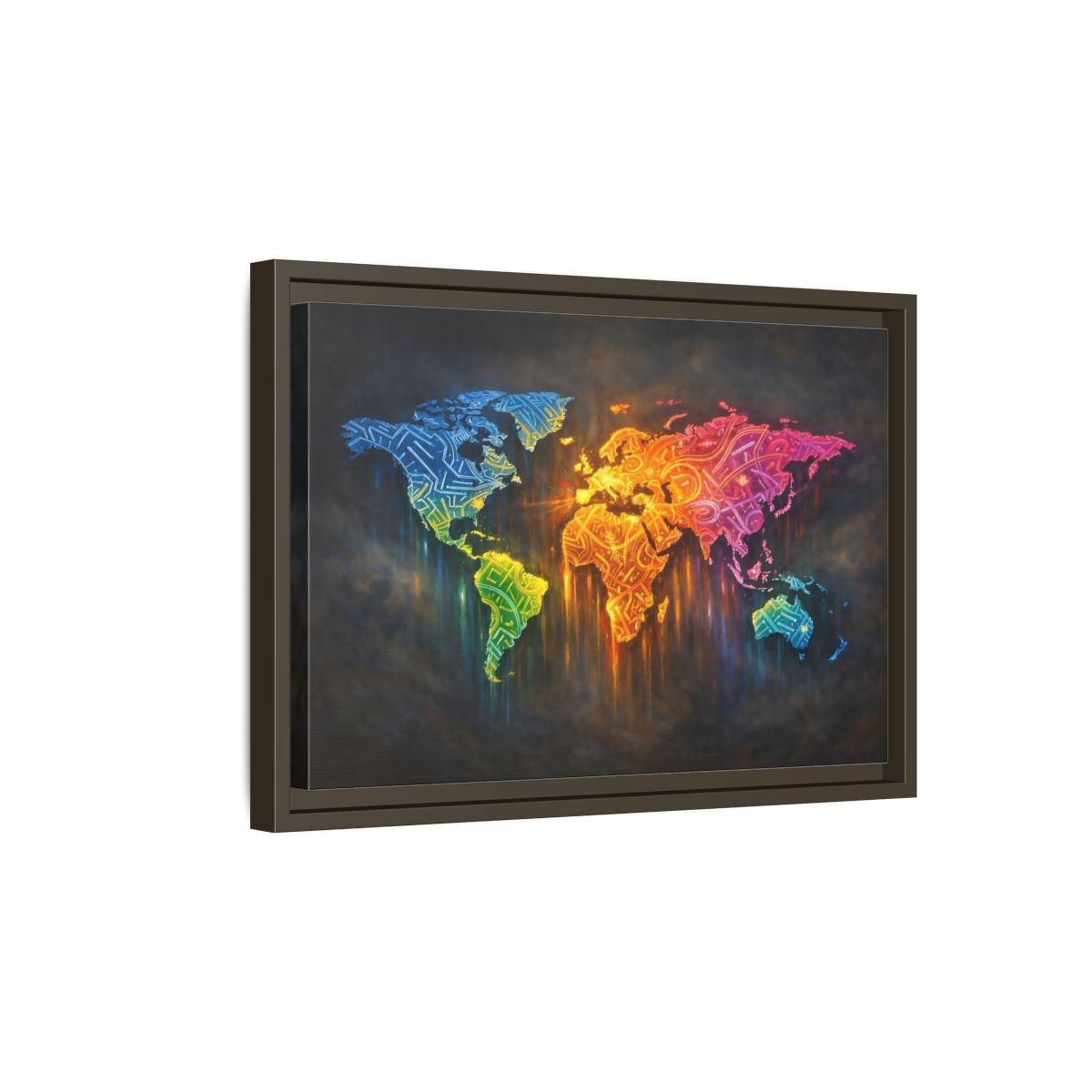 Side Mockup 5. Maps World Map Colorful World Map shown as stretched canvas wall art