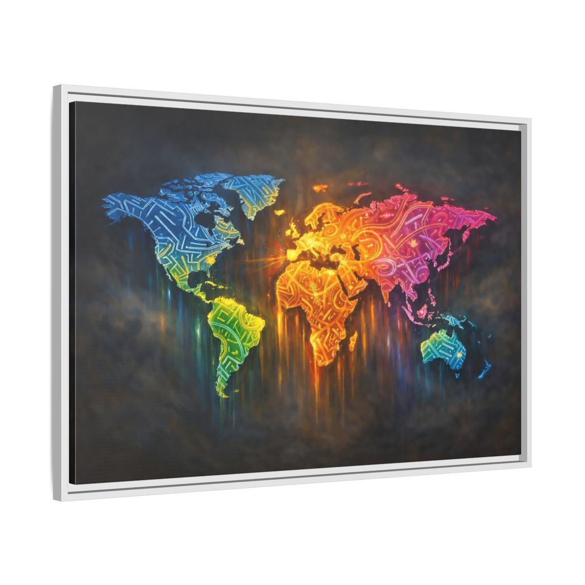 Side Mockup 8. Maps World Map Colorful World Map shown as stretched canvas wall art