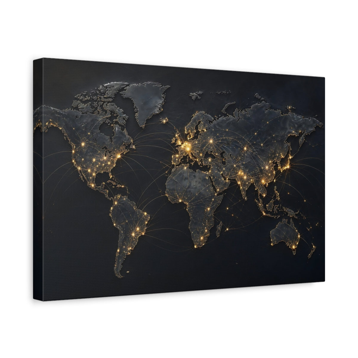 Side Mockup 4. Maps World Map Dark And Gold shown as stretched canvas wall art