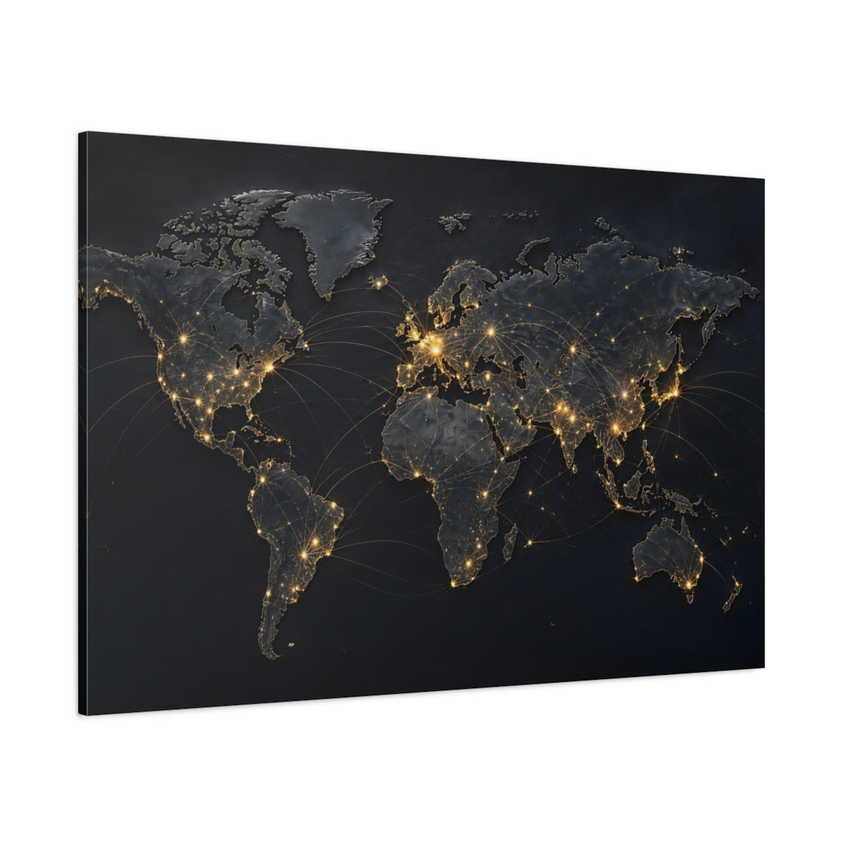 Side Mockup 1. Maps World Map Dark And Gold shown as stretched canvas wall art