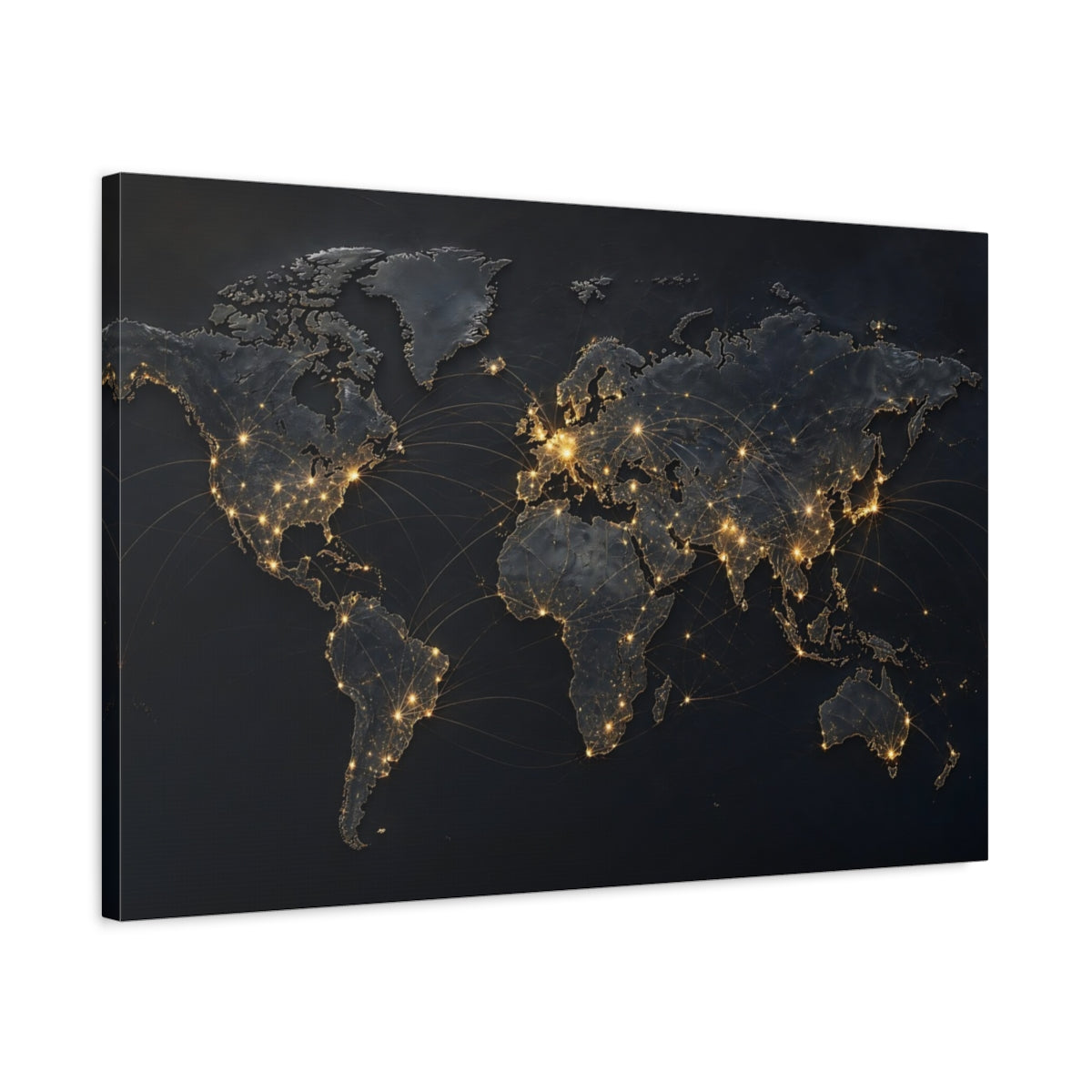 Side Mockup 2. Maps World Map Dark And Gold shown as stretched canvas wall art