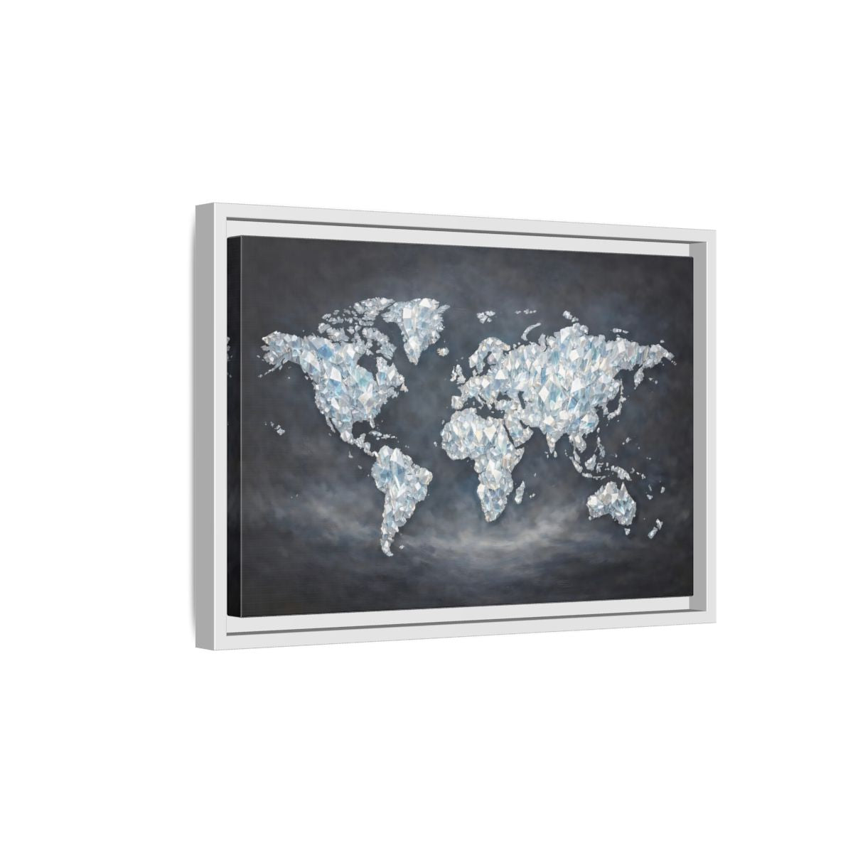 Side Mockup 4. Maps World Map Diamond World Map shown as stretched canvas wall art