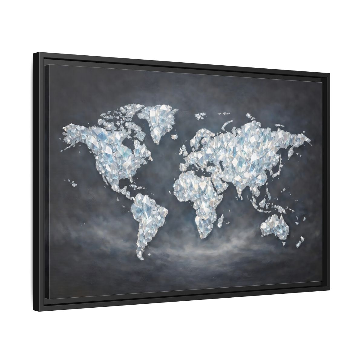 Side Mockup 14. Maps World Map Diamond World Map shown as stretched canvas wall art
