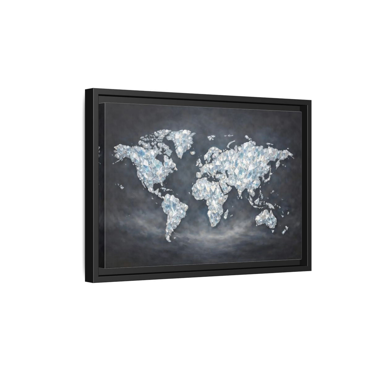 Side Mockup 6. Maps World Map Diamond World Map shown as stretched canvas wall art