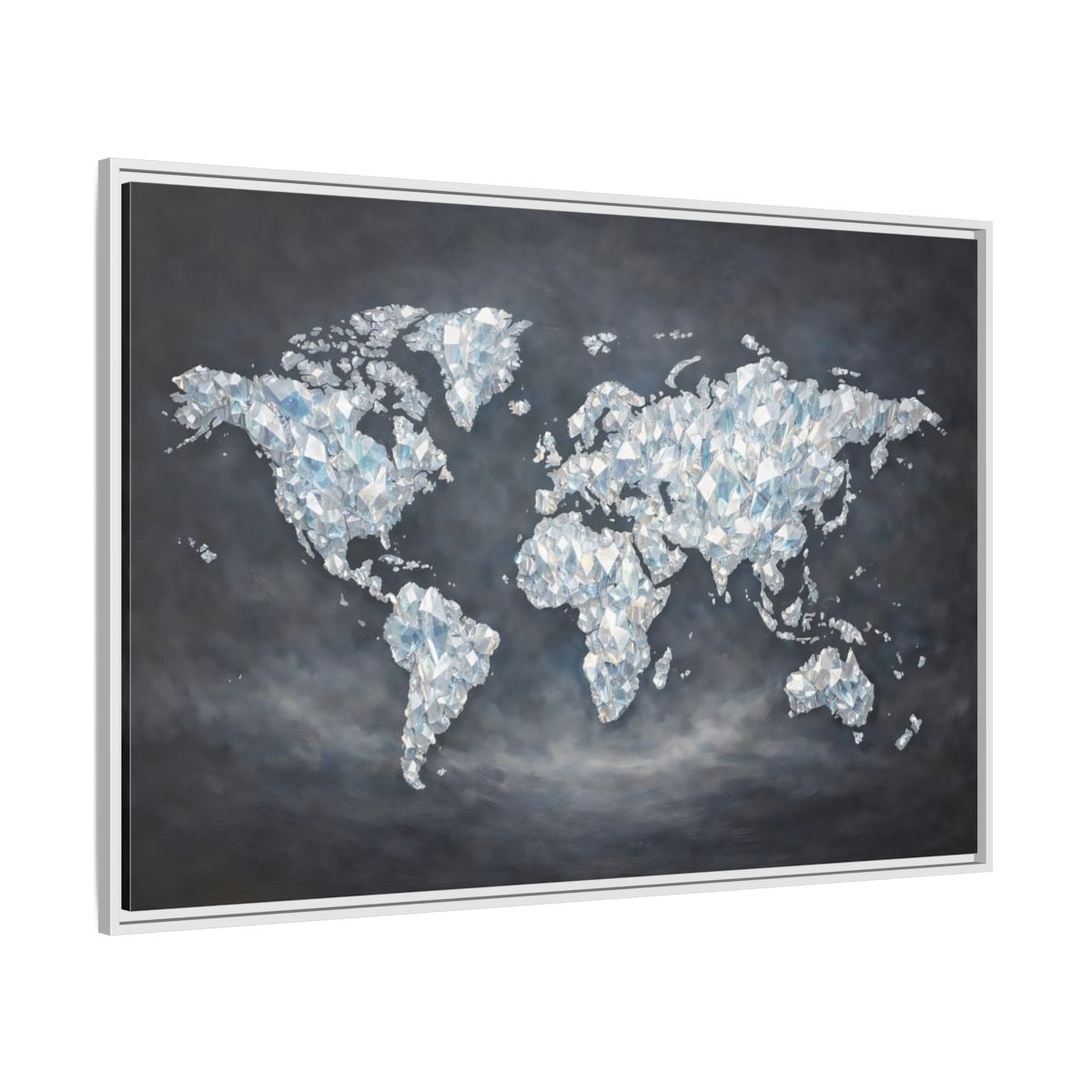 Side Mockup 7. Maps World Map Diamond World Map shown as stretched canvas wall art