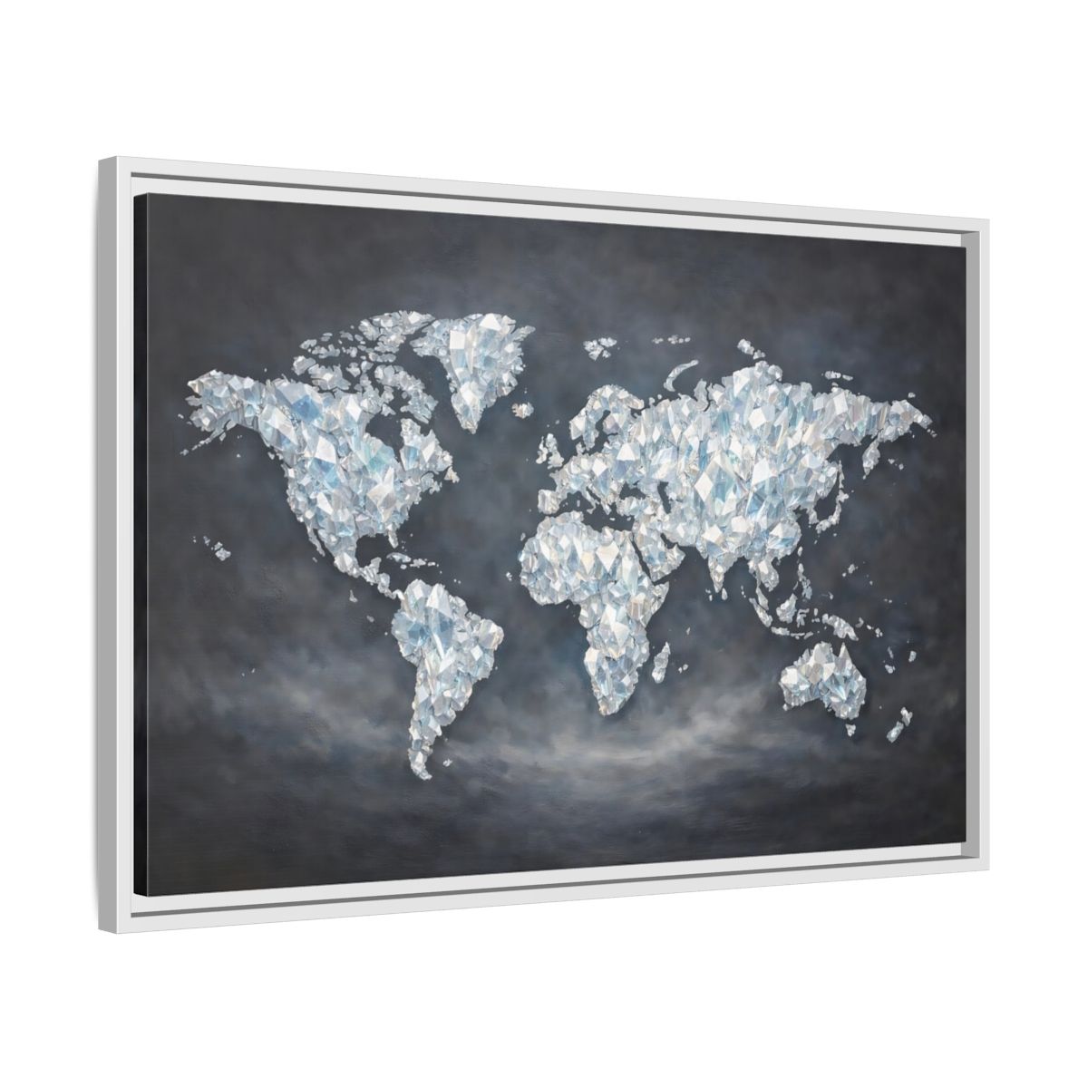 Side Mockup 10. Maps World Map Diamond World Map shown as stretched canvas wall art