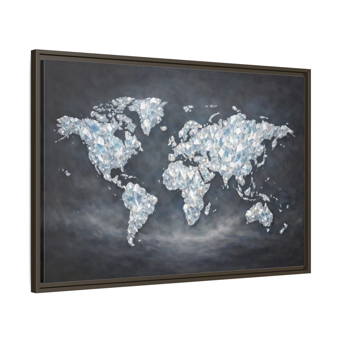 Side Mockup 9. Maps World Map Diamond World Map shown as stretched canvas wall art