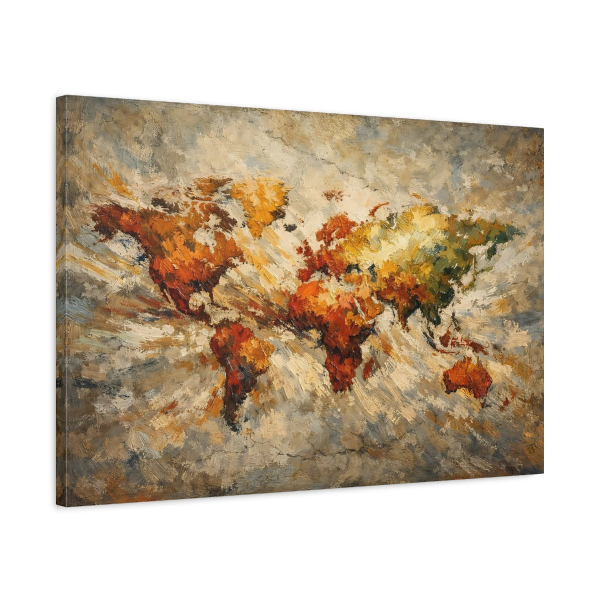 Side Mockup 2. Maps World Map Earthy World Map shown as stretched canvas wall art