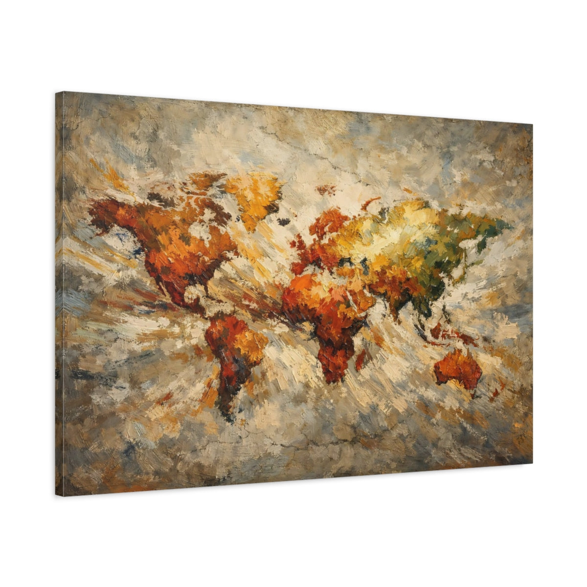 Side Mockup 1. Maps World Map Earthy World Map shown as stretched canvas wall art
