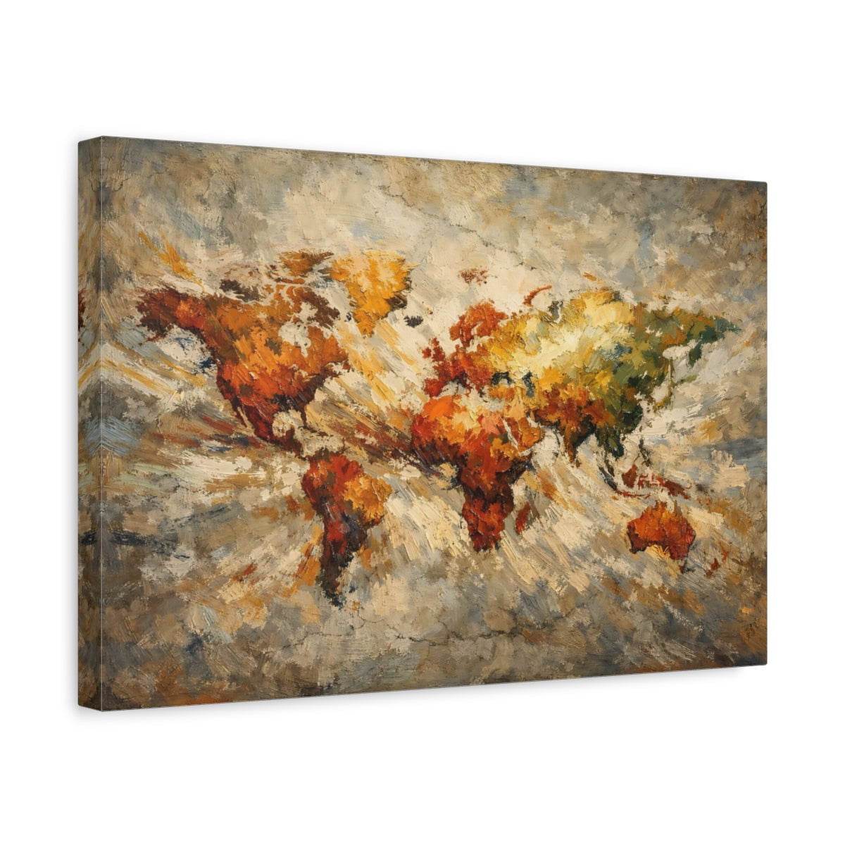 Side Mockup 4. Maps World Map Earthy World Map shown as stretched canvas wall art