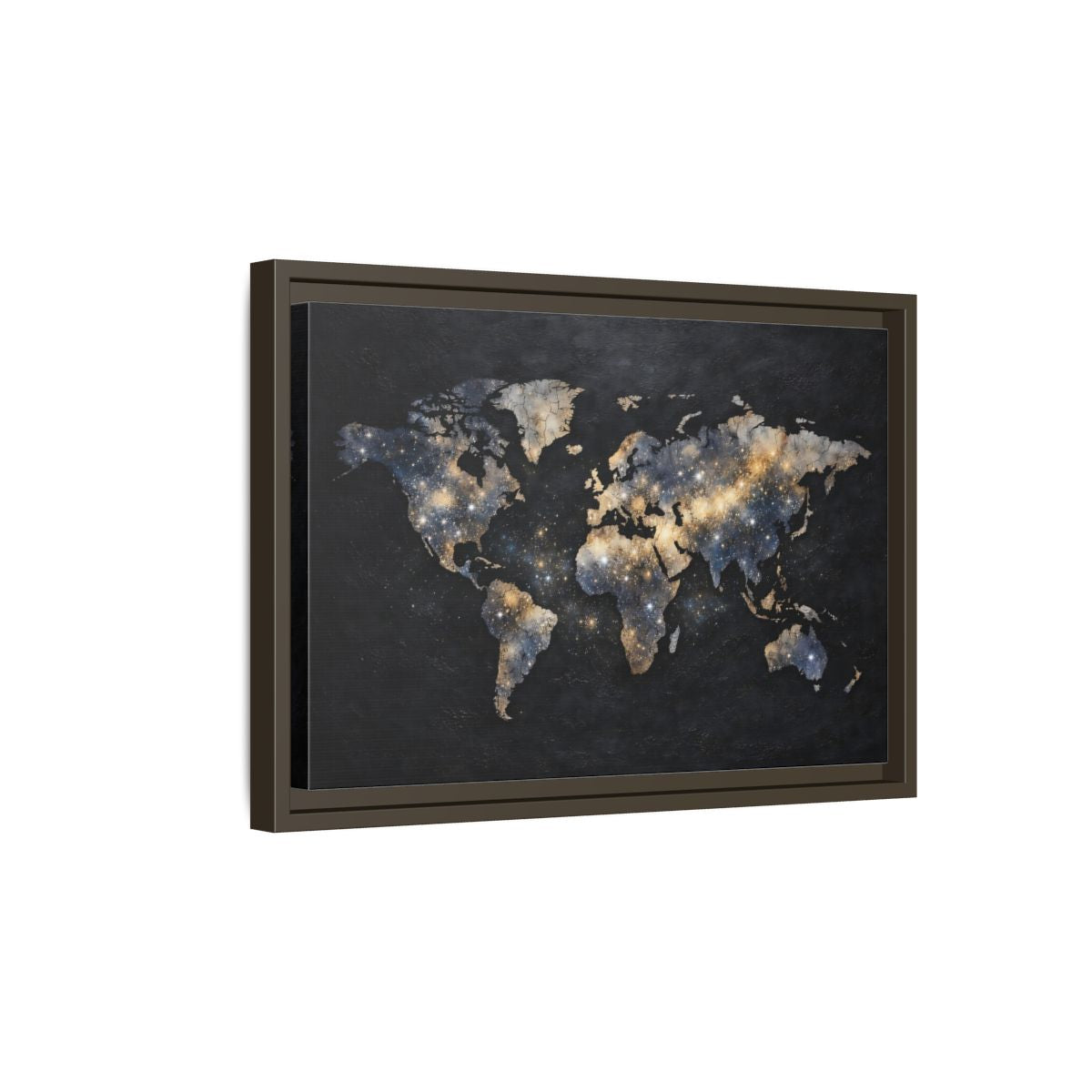Side Mockup 5. Maps World Map Galaxy World Map shown as stretched canvas wall art