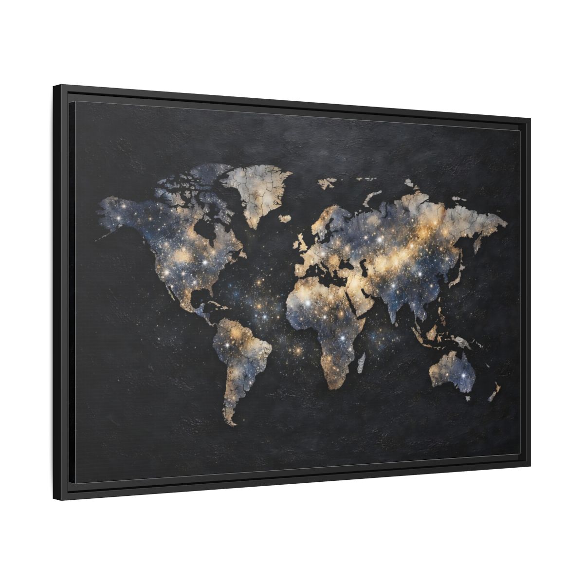 Side Mockup 13. Maps World Map Galaxy World Map shown as stretched canvas wall art