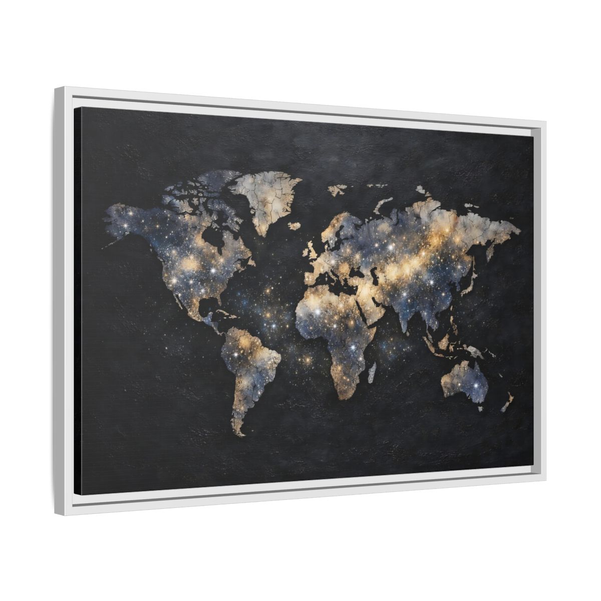 Side Mockup 10. Maps World Map Galaxy World Map shown as stretched canvas wall art