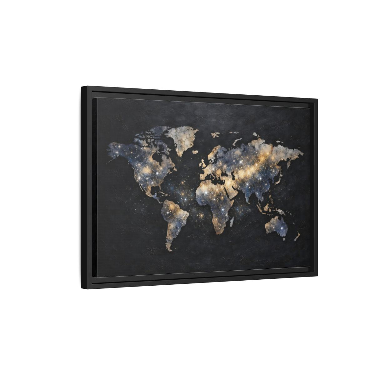 Side Mockup 3. Maps World Map Galaxy World Map shown as stretched canvas wall art