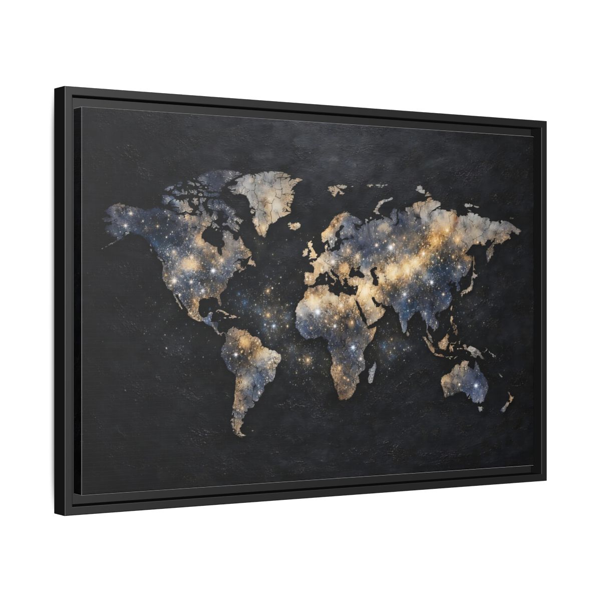 Side Mockup 14. Maps World Map Galaxy World Map shown as stretched canvas wall art