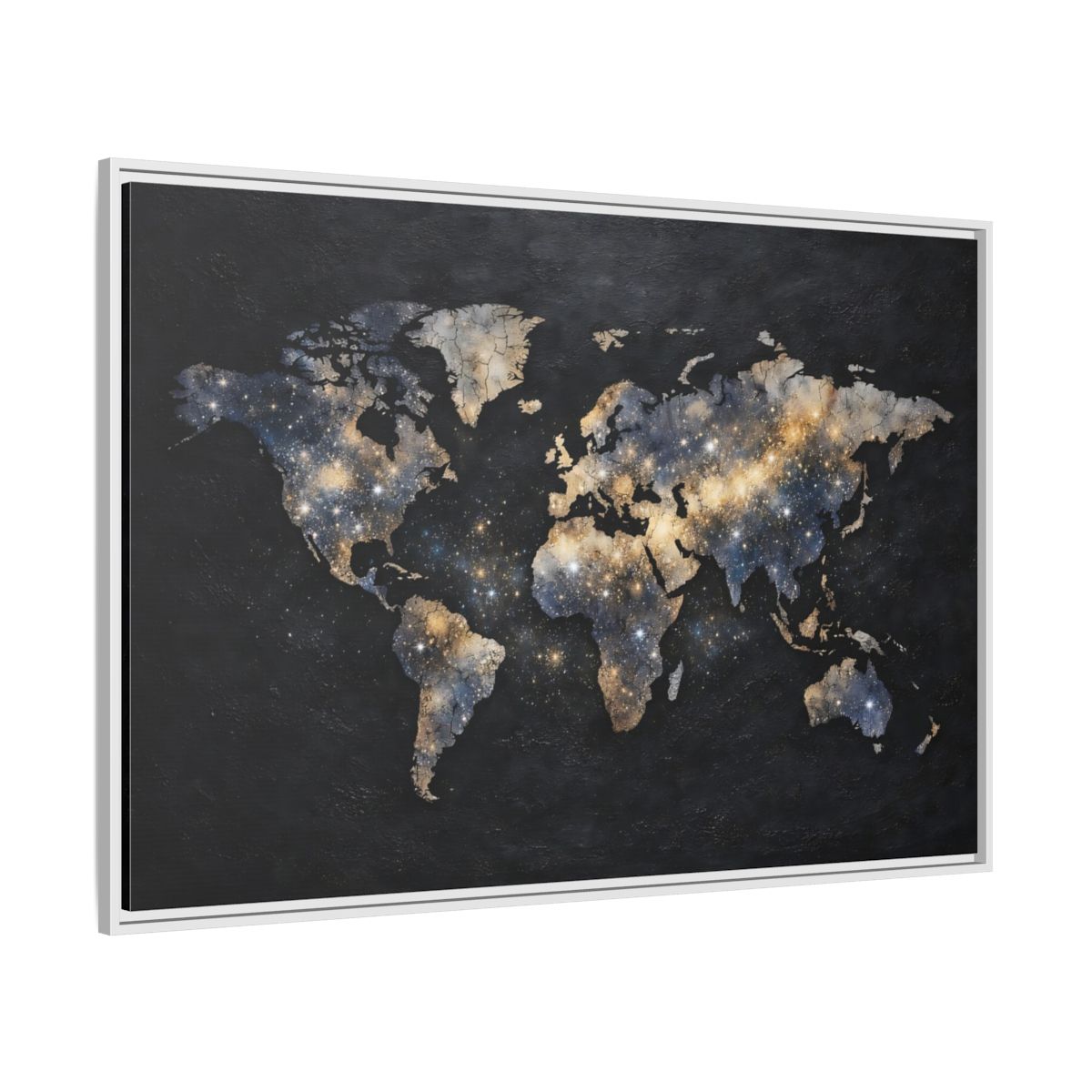 Side Mockup 7. Maps World Map Galaxy World Map shown as stretched canvas wall art