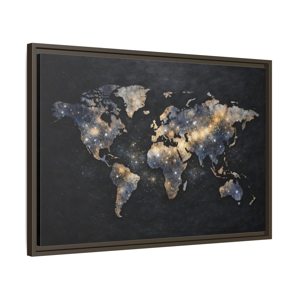 Side Mockup 11. Maps World Map Galaxy World Map shown as stretched canvas wall art