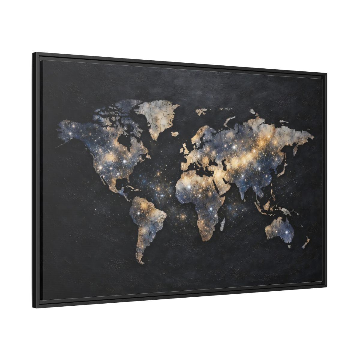 Side Mockup 12. Maps World Map Galaxy World Map shown as stretched canvas wall art