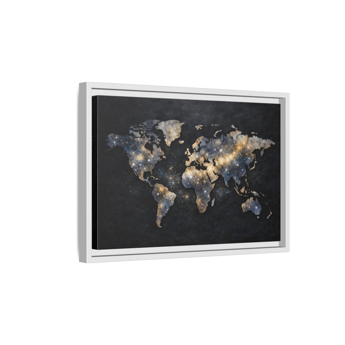 Side Mockup 4. Maps World Map Galaxy World Map shown as stretched canvas wall art