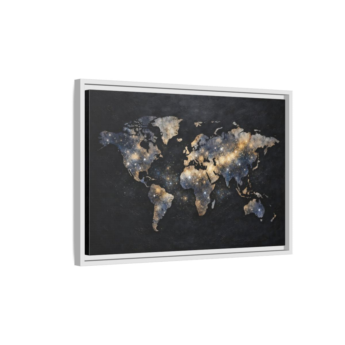 Side Mockup 1. Maps World Map Galaxy World Map shown as stretched canvas wall art