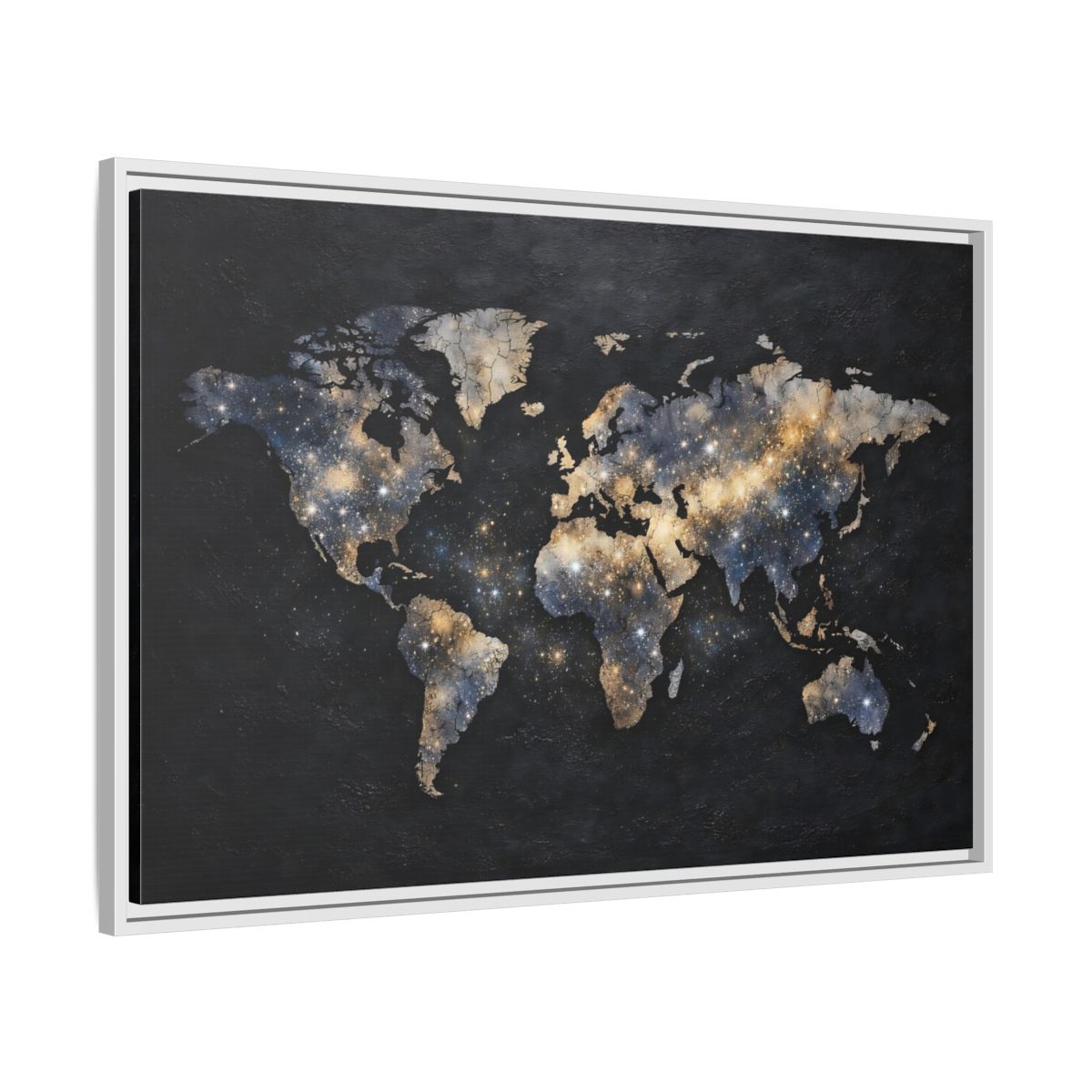 Side Mockup 8. Maps World Map Galaxy World Map shown as stretched canvas wall art