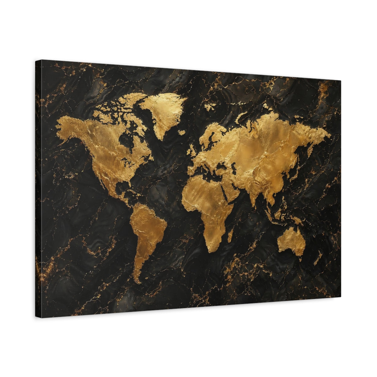 Side Mockup 2. Maps World Map Gold And Black Map shown as stretched canvas wall art