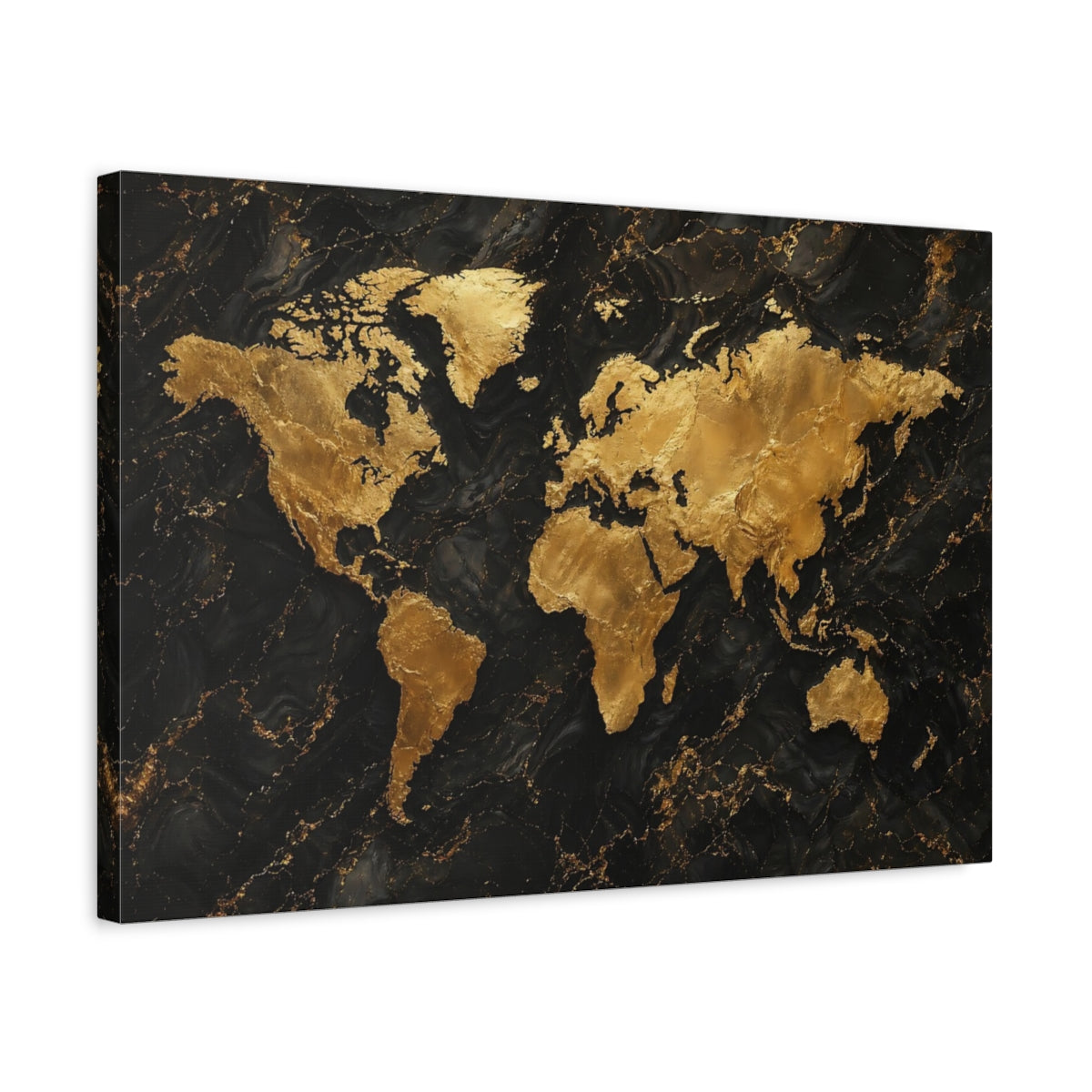 Side Mockup 3. Maps World Map Gold And Black Map shown as stretched canvas wall art