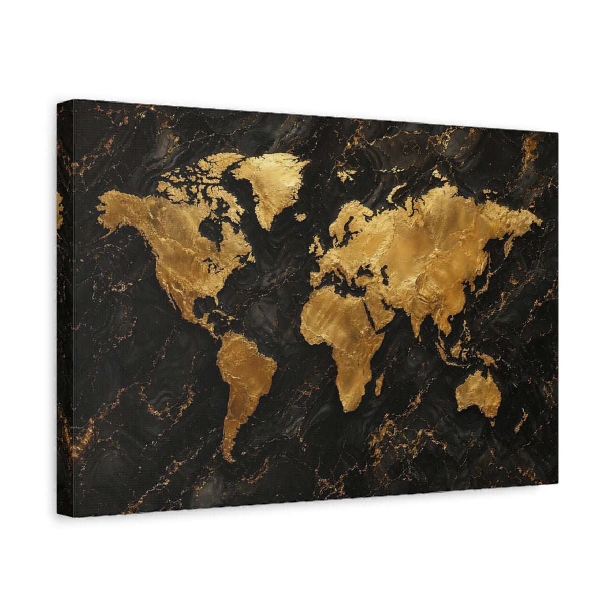Side Mockup 4. Maps World Map Gold And Black Map shown as stretched canvas wall art