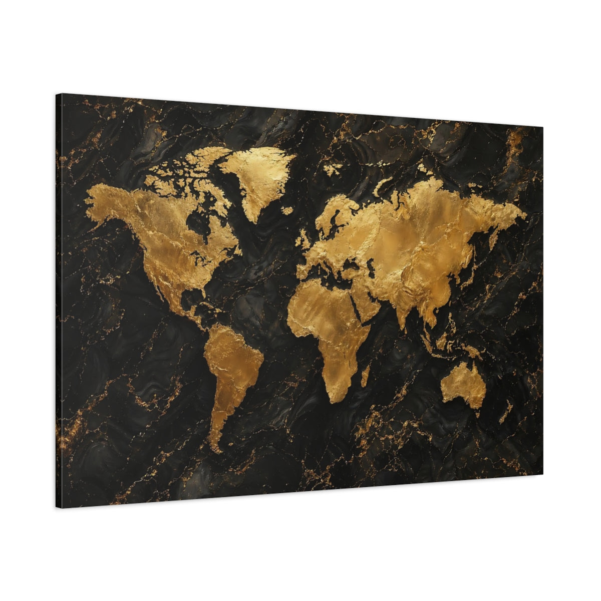 Side Mockup 1. Maps World Map Gold And Black Map shown as stretched canvas wall art