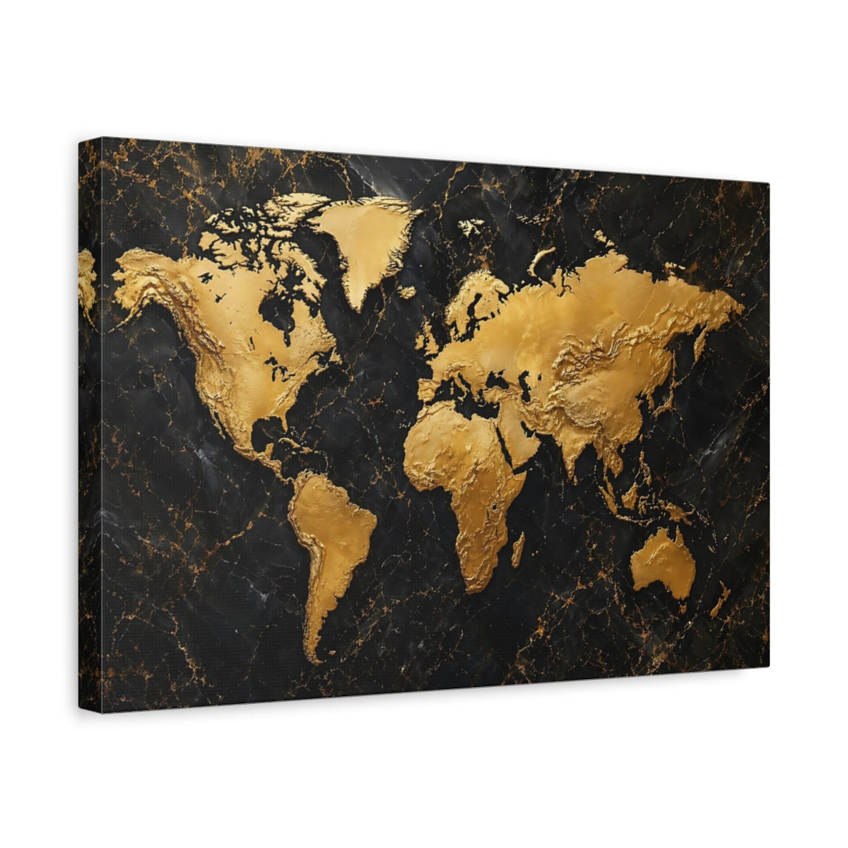 Side Mockup 4. Maps World Map Gold And Black shown as stretched canvas wall art
