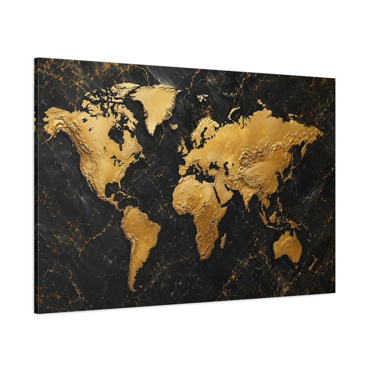 Side Mockup 1. Maps World Map Gold And Black shown as stretched canvas wall art
