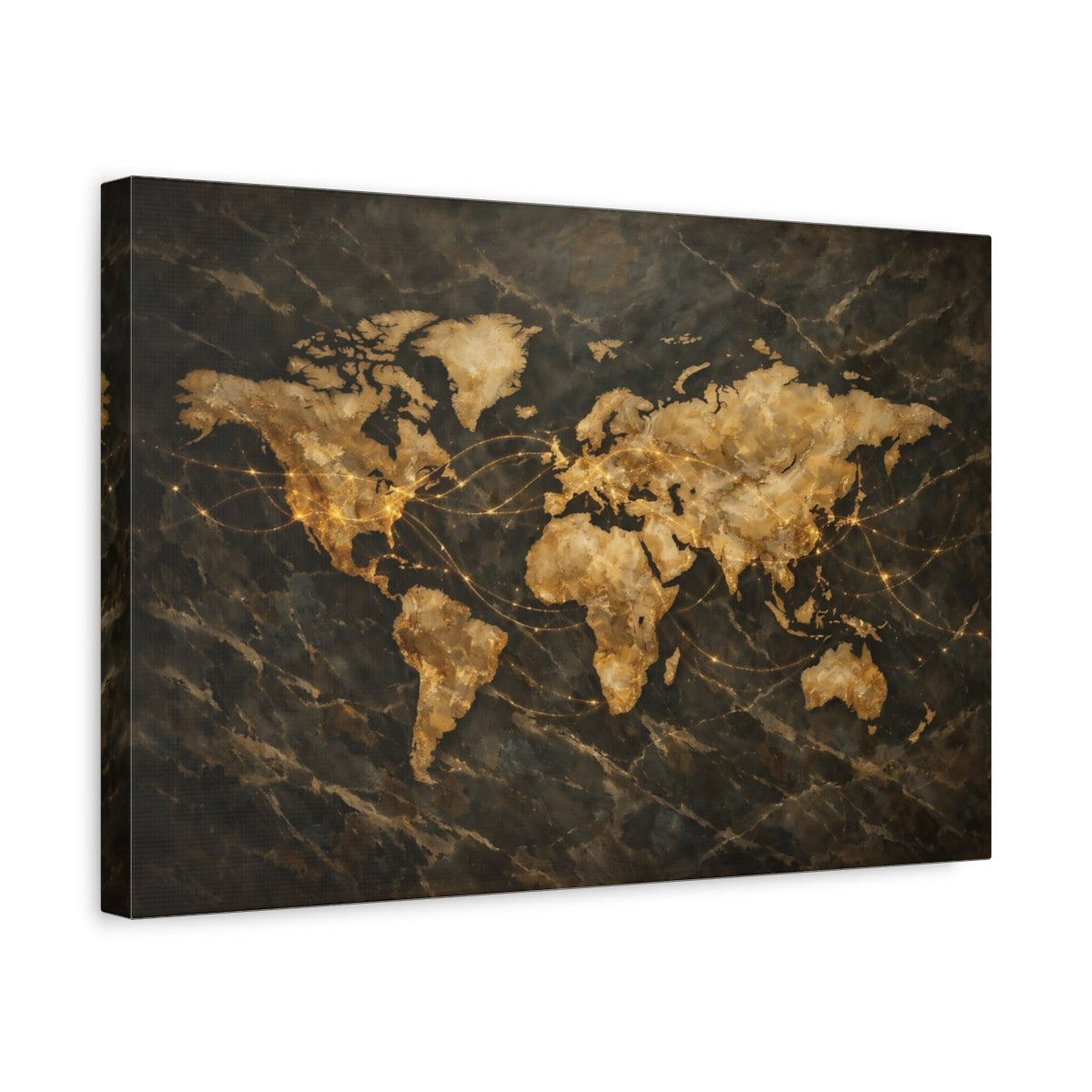 Side Mockup 4. Maps World Map Gold And Black Map shown as stretched canvas wall art