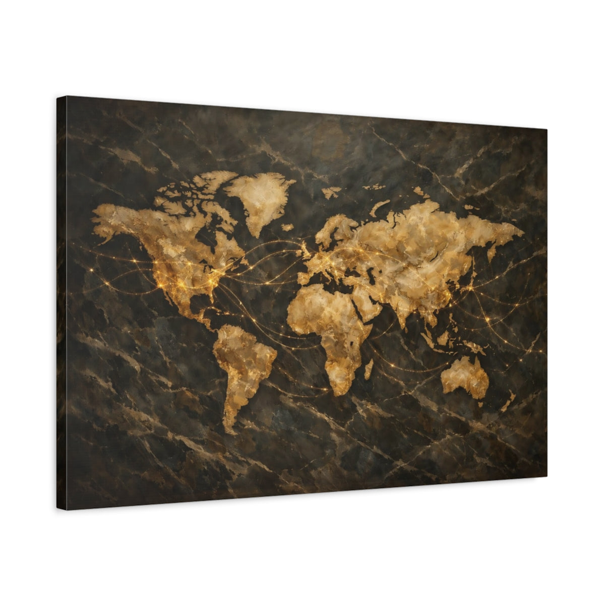 Side Mockup 2. Maps World Map Gold And Black Map shown as stretched canvas wall art