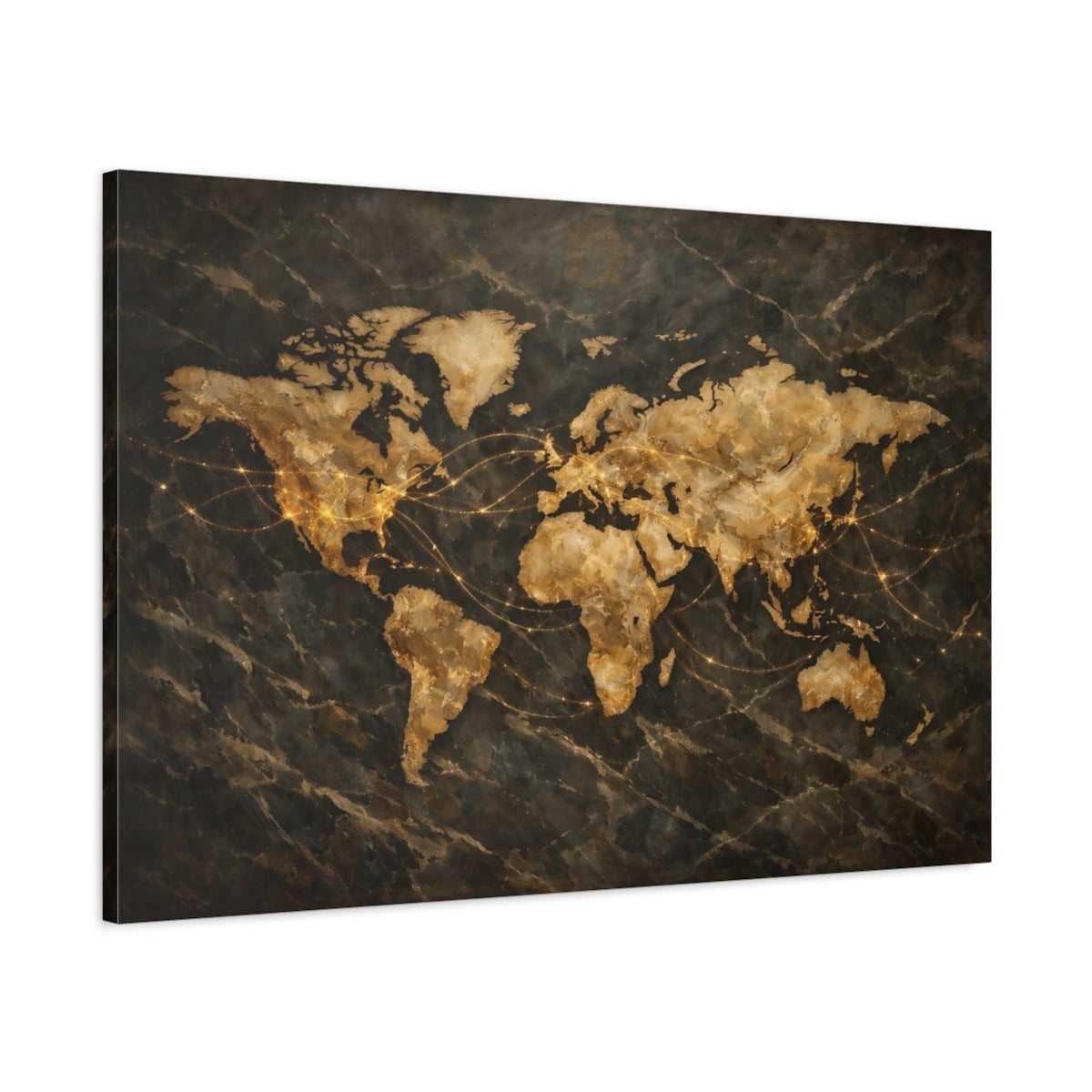 Side Mockup 1. Maps World Map Gold And Black Map shown as stretched canvas wall art