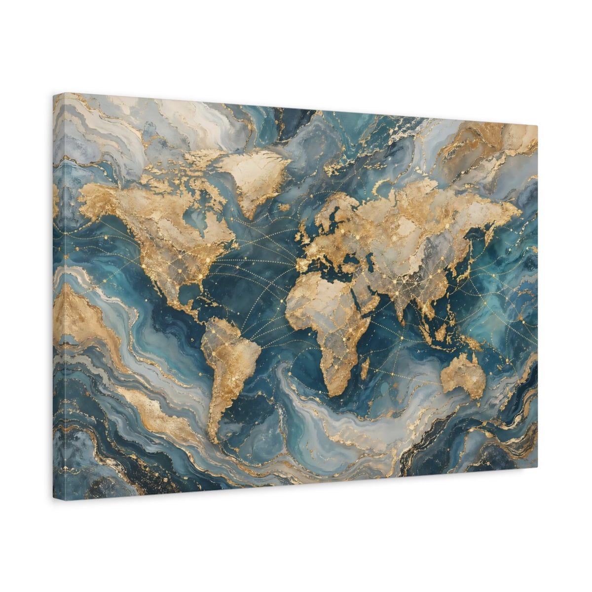 Side Mockup 3. Maps World Map Gold And Blue Map shown as stretched canvas wall art