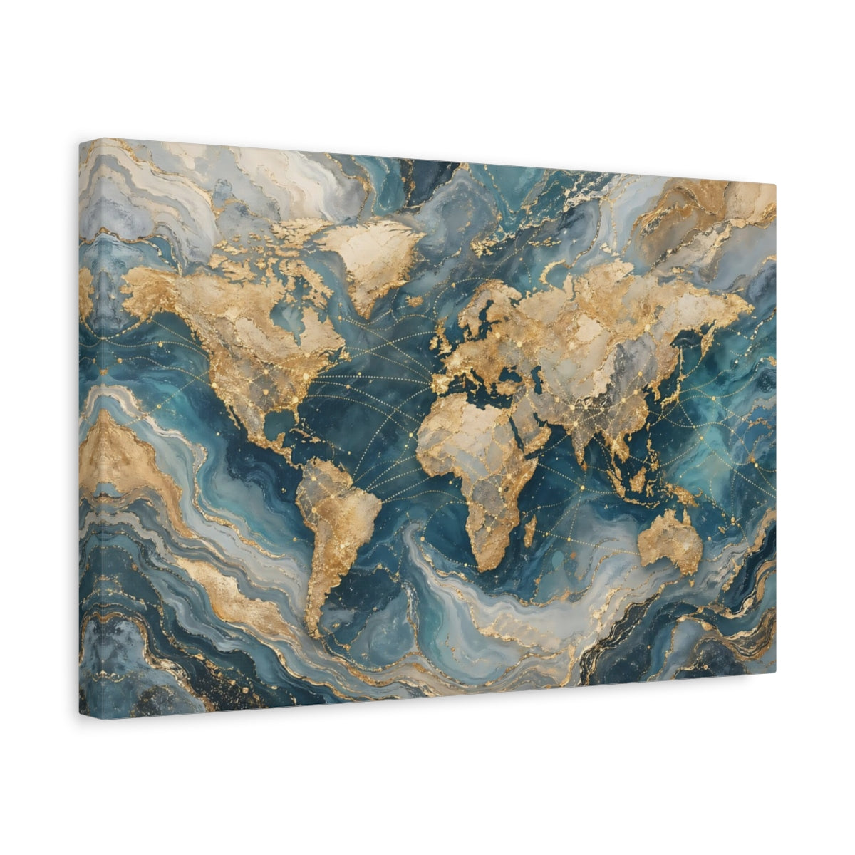 Side Mockup 4. Maps World Map Gold And Blue Map shown as stretched canvas wall art