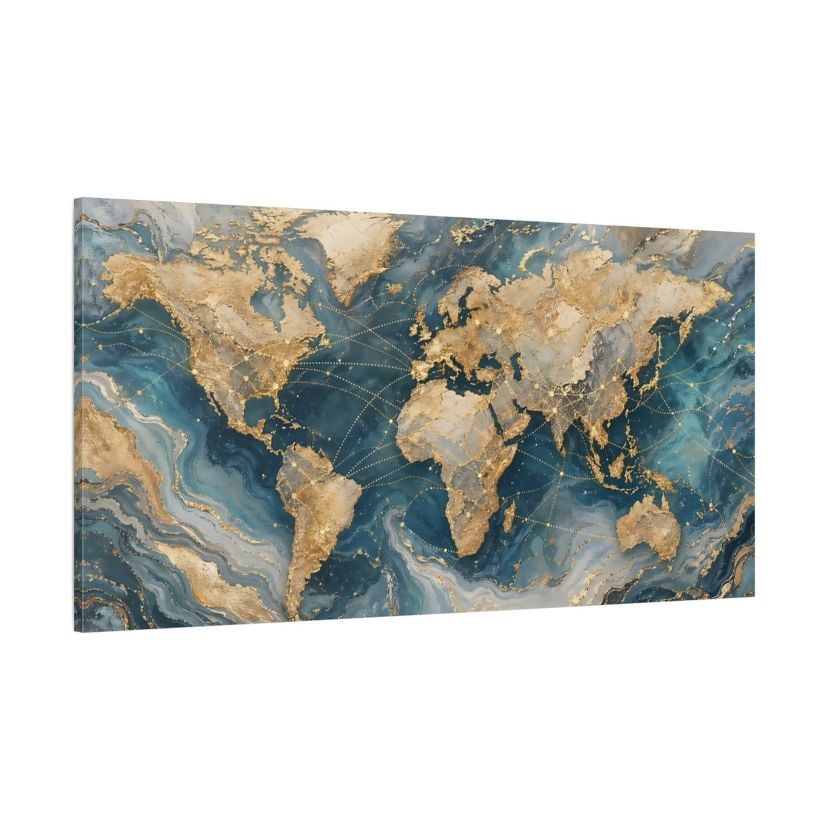 Side Mockup 2. Maps World Map Gold And Blue Map shown as stretched canvas wall art