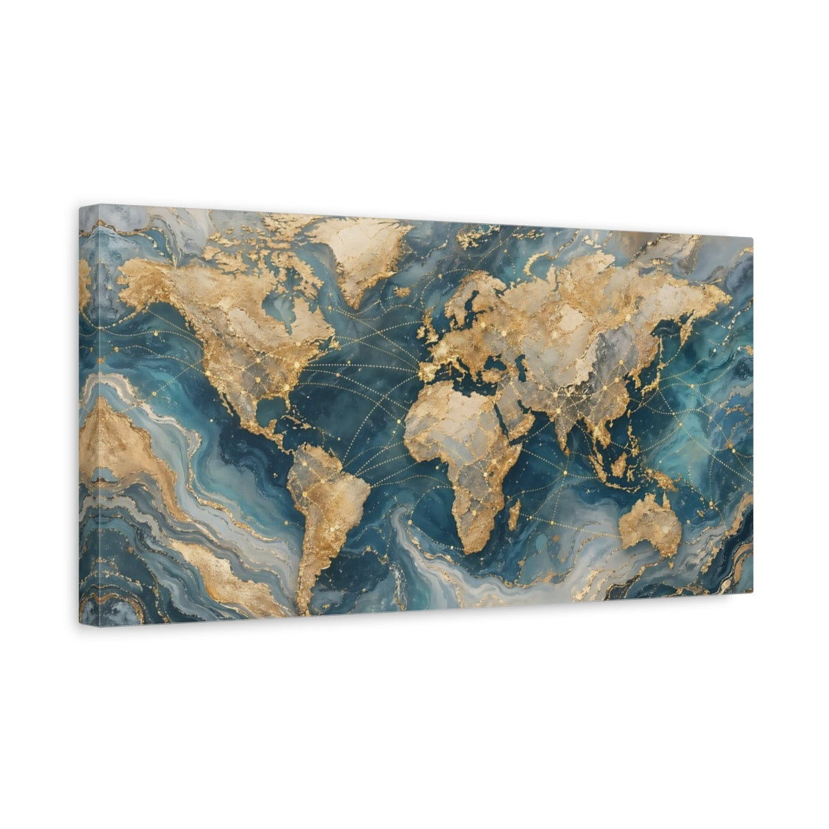 Side Mockup 3. Maps World Map Gold And Blue Map shown as stretched canvas wall art