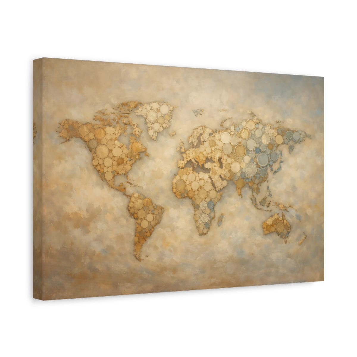Side Mockup 4. Maps World Map Gold And Blue shown as stretched canvas wall art