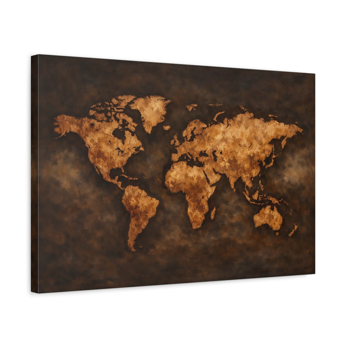 Side Mockup 3. Maps World Map Gold And Brown Map shown as stretched canvas wall art